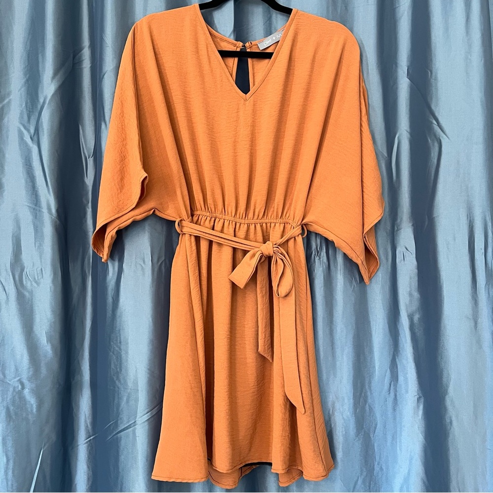 Pixi + Ivy Camel V Neck Dress with Ribbon Tie